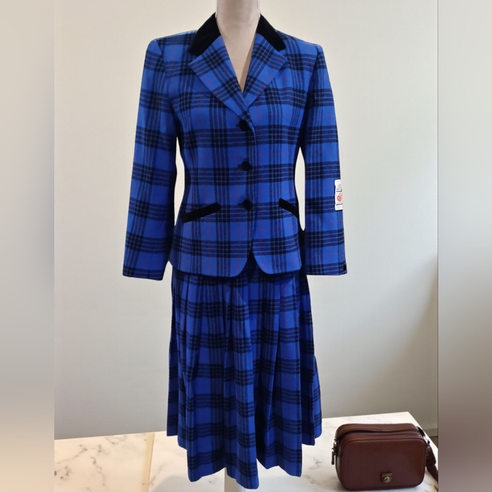 Pendleton Blue and Black Plaid Wool Skirt Suit